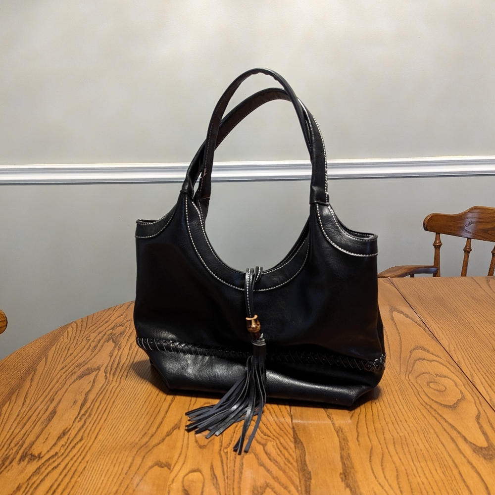 Classic Black Leather Hobo Bag with Tassel